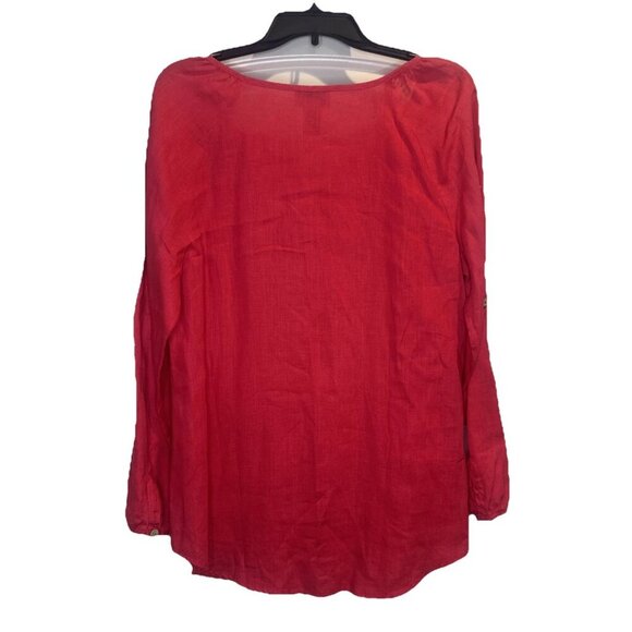 Soft Surroundings Pink Linen Roll Tab Sleeve Button Down Pleated Blouse Sz M - Picture 6 of 11